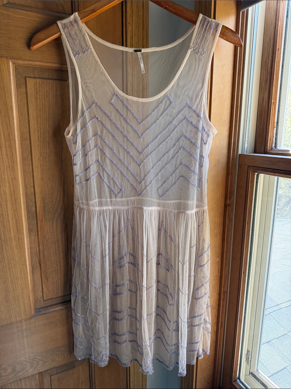 Free People Embellished Mesh Mini Slip Dress in Soft Peach with Purple Beading